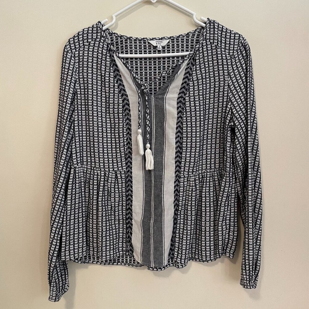 Crown & Ivy Haight Ashbury Boho Peasant Top Blouse Tie Black Grey Cream Size M